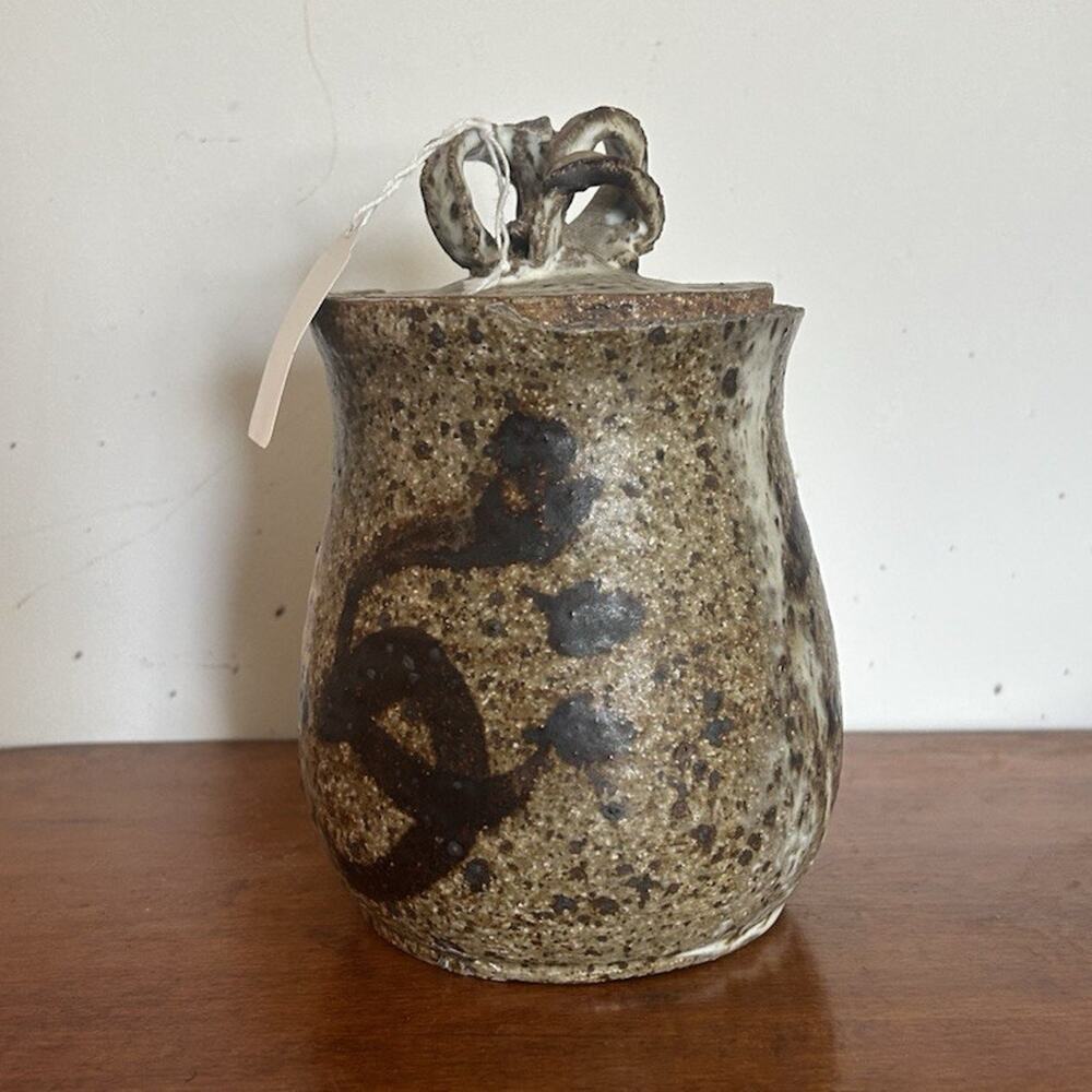 Ceramic Pottery Round Jar Canister w/ Lid Beige & Brown Earth Tone. H 6” W 4.5”